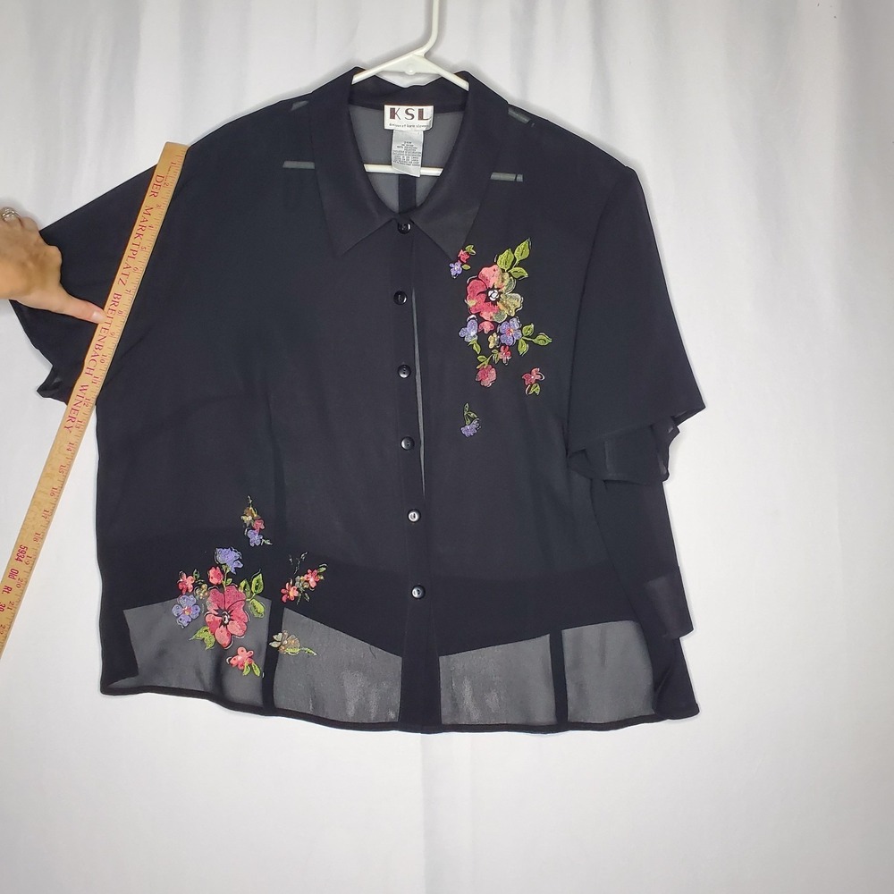 Karin Stevens Top Women 24W Black Sheer Open Back Short Sleeve Beaded Flower 90s - Picture 10 of 11
